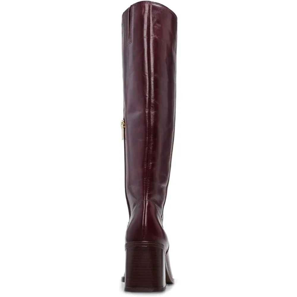 Women Burgundy Polyurethane Knee High Side Zipper Square Toe Block Heel Boots